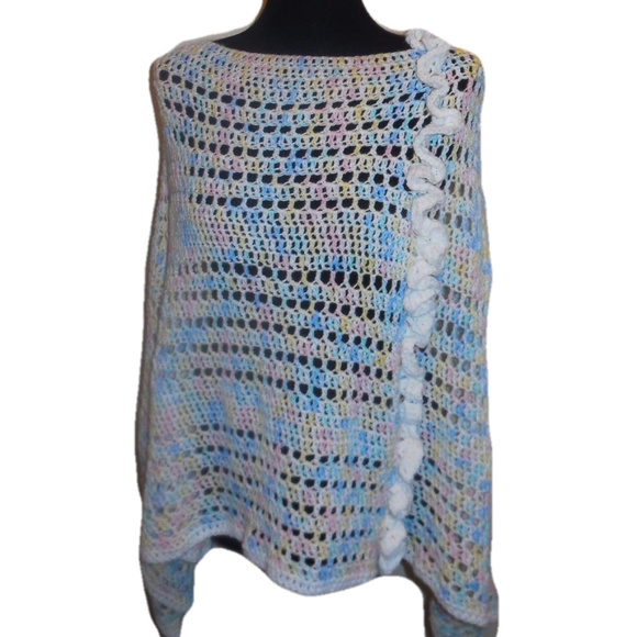 Handmade Poncho Crochet Rainbow Pastels Tussled - Picture 2 of 8
